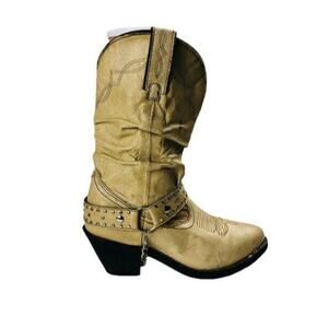 SHYANNE Womens TANYA Slouch Harness Fashion Western Boots Beige Size 6.5